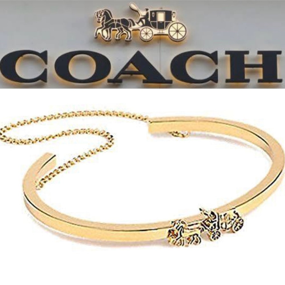 New COACH Women's Horse and Carriage Double Chain Gold Tone Cuff Bracelet